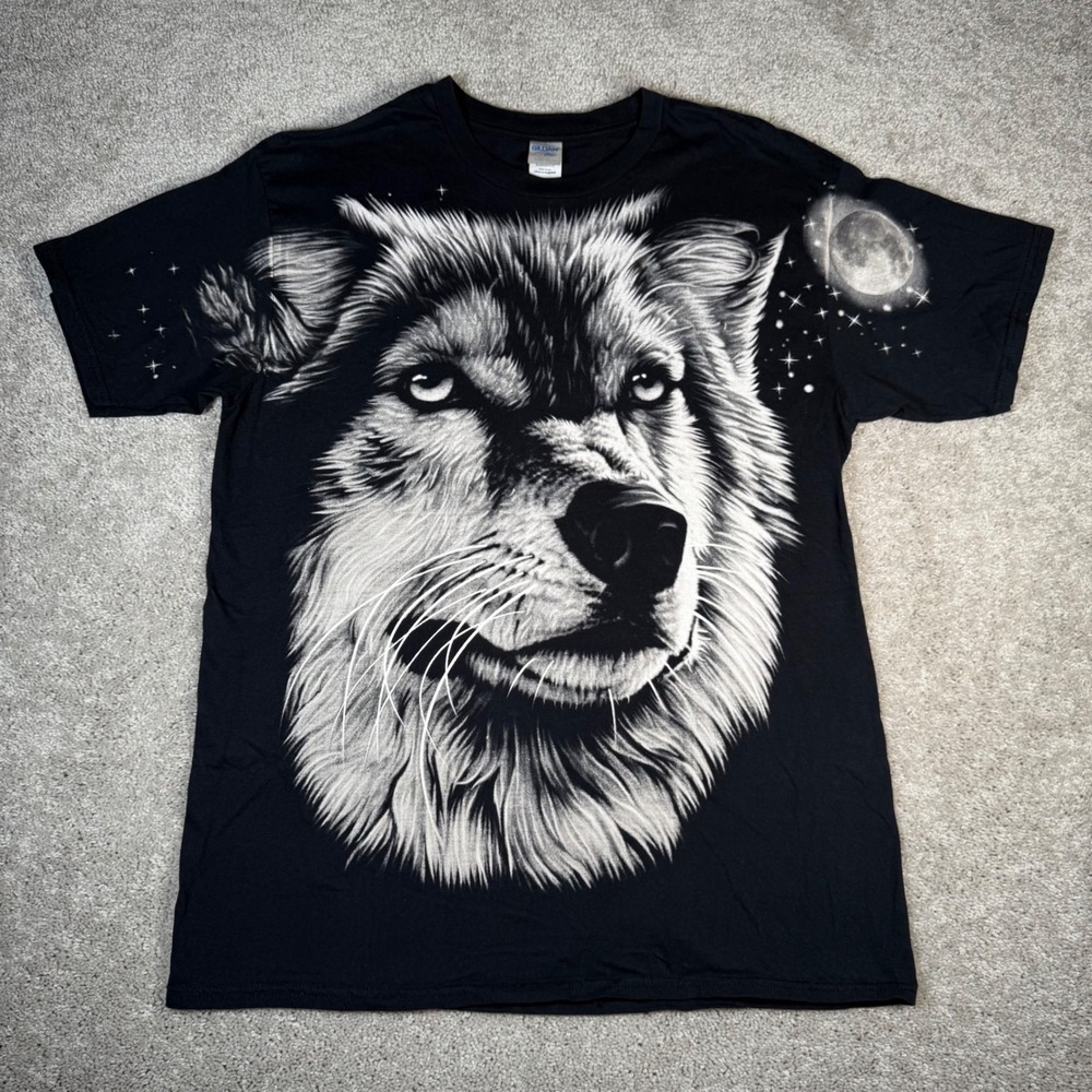 Gildan Premium Cotton 2XL Wolf Moon Stars AOP Graphic Print T-Shirt Adult READ‎